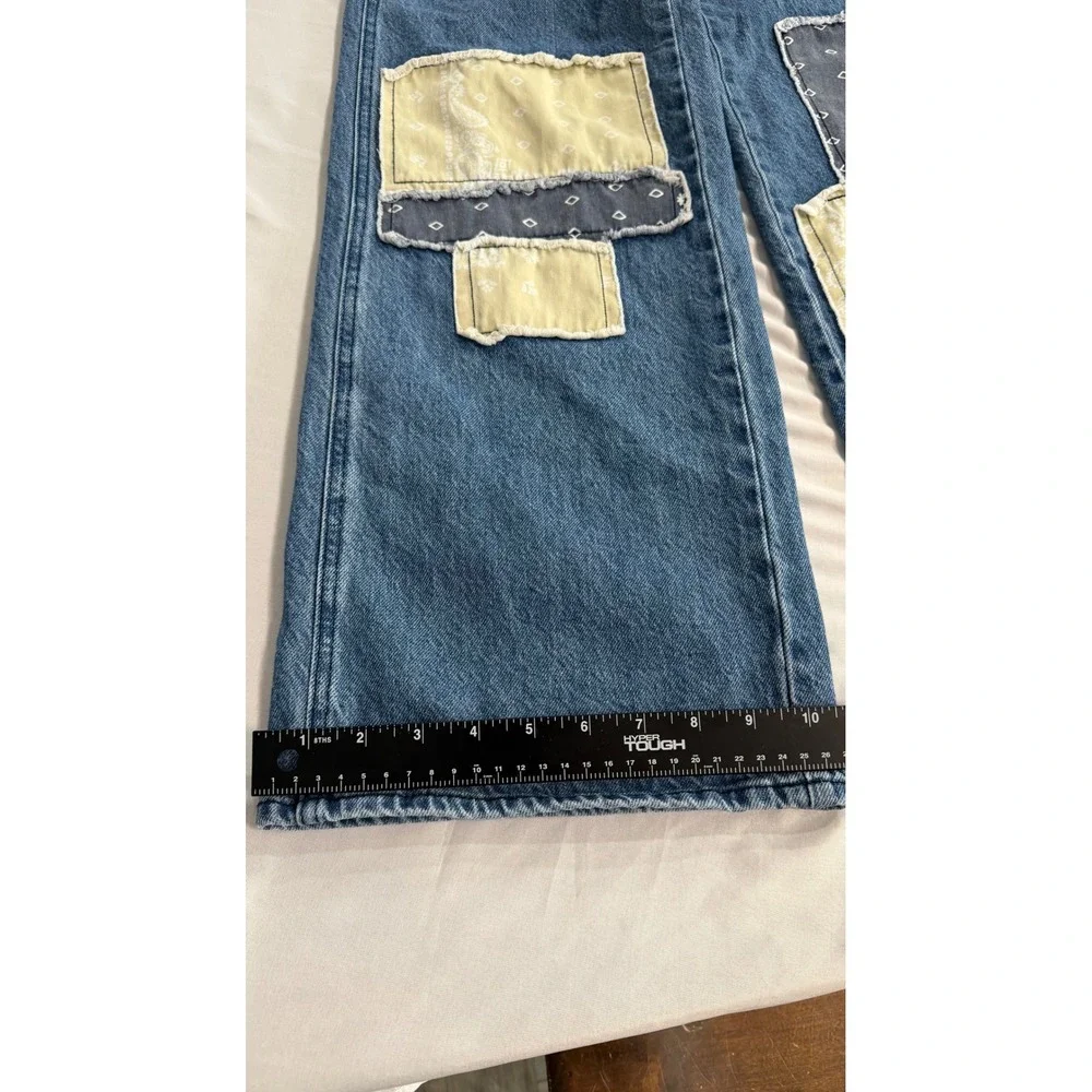 PacSun Baggy Jeans Womens 26 Blue Denim Bandana Patchwork High Rise Wide Leg - Picture 6 of 7